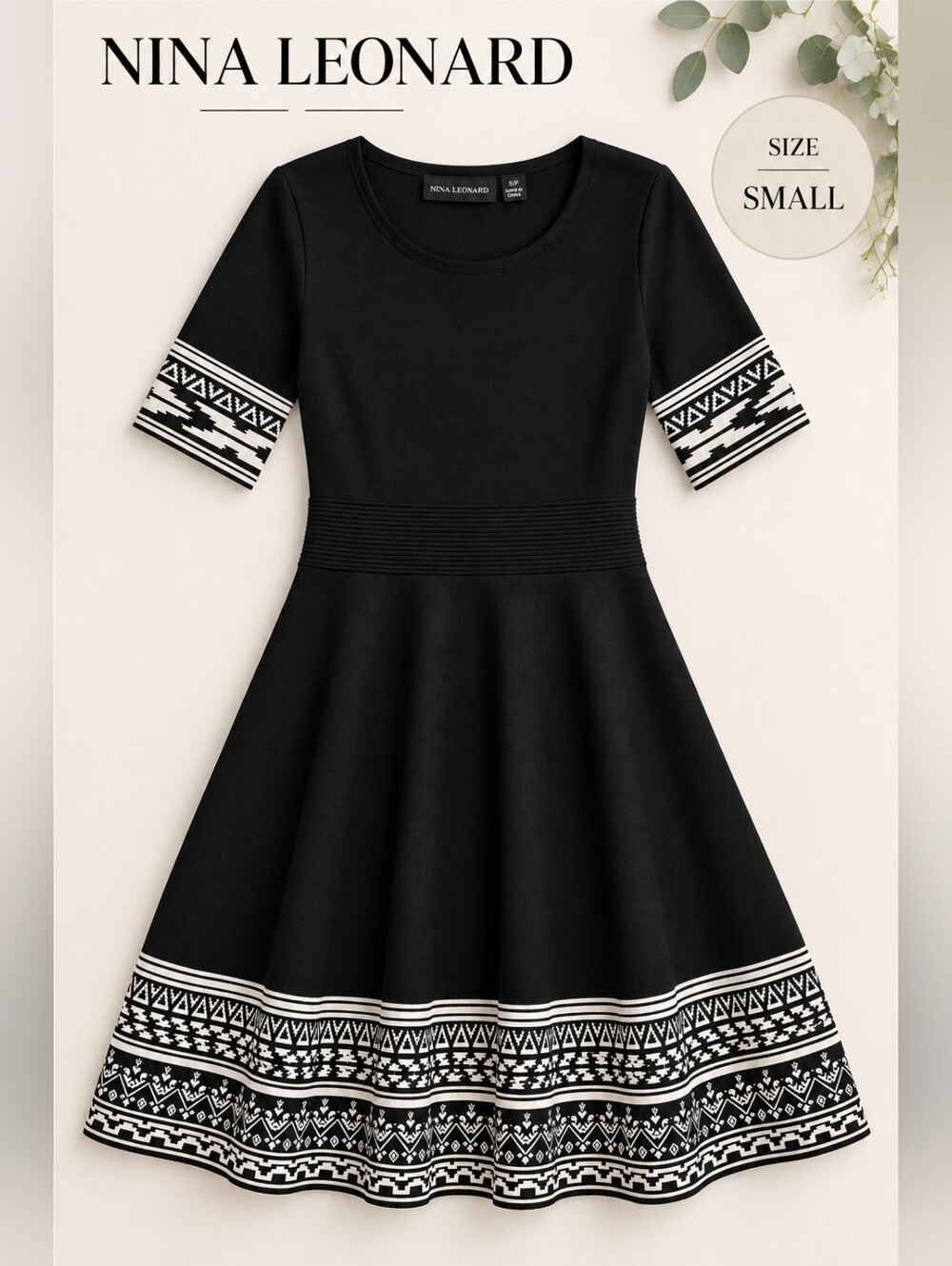 EUC Nina Leonard Geometric Print Border Fit and Flare Knit Dress, Size S